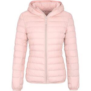 Women's Light Pink Short Down Hooded Puffer Jacket Coat Fabric Packable Ultra